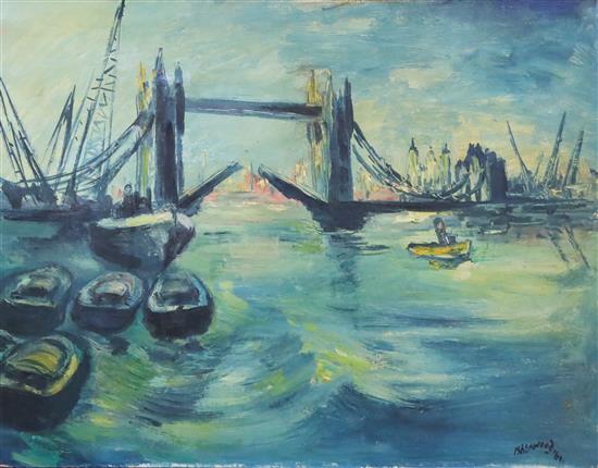 James Lawrence Isherwood (1917-1988) Tower Bridge with barges 13.75 x 17.75in., unframed